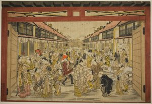 Hovedporten, New Yoshiwara, ca. 1745 (håndkoloreret træsnit; toku-oban yoko-e, beni-e)