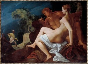 Angelique et Medor Illustration til "" Le Roland Furieux"" (Orlando Furioso) af Ludovic Ariosto (Arioste), der repræsenterer Medor (Medoro) og indskriver navnet på Angelique (Angelica), som han lige har sluttet sig til, på klippen - Nederst , Roland ankomm