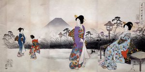 Japanske kvinder, der går foran Fuji-bjerget Japansk tryk af Toyohara Chikanobu (1838-1912) 1896 Privat samling