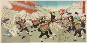 Generalmajor Oshima beskytter den koreanske konge, da tropper stormer slottet ved Kyongsong, 1895?