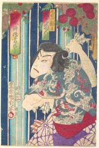 Fantasiportæt, scene-Shuihuzhuan: Tōryūdai (Mitate Suikoden Tōrōdai) - skuespilleren Onoe Kikugorō som Kumon no Ryūkichi af Toyohara Kunichika