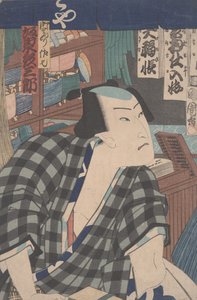 Kabuki-skuespiller som butiksejer (farvet træbloktryk) af Toyohara Kunichika
