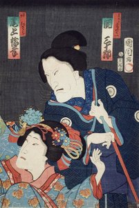 Onoe Baikō som den yngre søster Benizara og Seki Sanjūrō som moderen Kataomoi i stykket Ichiban Norime Iki no Sashimono af Toyohara Kunichika