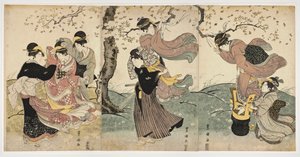 Japansk kunst: vindblomster (blomster i vinden) (scene med kvinder og en mand, hængende bannere i grenene af et træ) -Utagawa Toyokuni Print (1769-1825) Linogravure (37,8x75,9), omkring 1797-1800 - Honolulu Academy of Arts