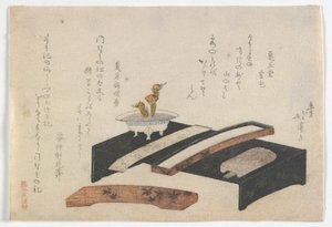 Surimono med illustration af et skrivebord, Edo-perioden, ca. 1800-10 (farve-træsnit)