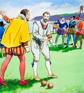 Sir Francis Drake spiller bowls på Plymouth Hoe, 1588 c1900