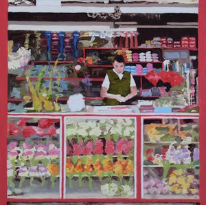 Blomsterbod (Bogotá, Colombia), 2016 (olie på plade) af Trevor Burgess