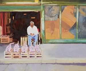 Selling garlic (San Juan, Argentina), 2016 (olie på plade) af Trevor Burgess
