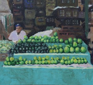 Selling mangos and avocados (Bogotá, Colombia), 2016 (olie på plade) af Trevor Burgess