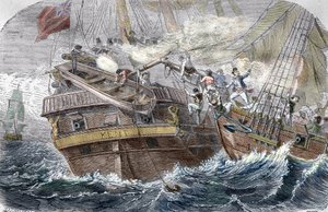 Capture of the Kent"" af den franske kaper Robert Surcouf (1773-1827) på skibet ""La Confidence"" den 7/10/1800 i Den Bengalske Bugt"" (Kamp mellem den franske selvtillid (Robert Surcouf) og HMS Kent i Bengal-bugten, 7. oktober 1800) af Trichon (after)