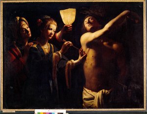 Saint Sebastian helbreder af Saint Irene Sebastian efter hendes første martyrdød og behandles af enken Irene og hendes håndtag. Maleri af Trophime Bigot kendt som Le Maitre a La Candel (17. århundrede). 1620-1630. Svag. 1,29x1,7 m. Bordeaux, Museum of Fine