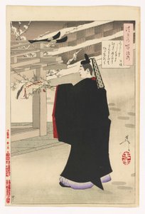 Fujiwara no Kinto plukker blommeblomster: # 47 af Månens hundrede aspekter af Tsukioka Yoshitoshi