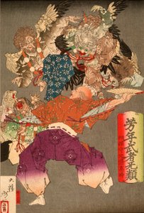 Hōjō Takatoki, herre af Sagami, der afværger tengu med sin vifte af Tsukioka Yoshitoshi
