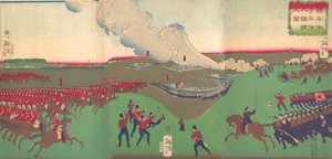 Illustration af kavaleri, infanteri og soldater, der trækker sig tilbage Kiheitai, hoheitai, ..., 8. måned, 1867. af Tsukioka Yoshitoshi