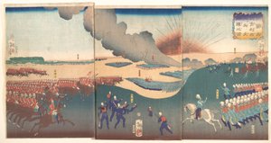Manøvrer med tre kategorier af franske og engelske soldater (Furansu Igirisu sanhei ōchōren no zu) af Tsukioka Yoshitoshi