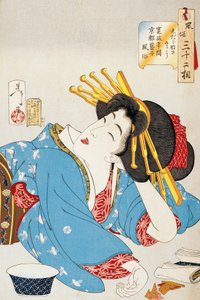 Moment af afslapning, Ansigt af Kansei-periodens Geisha fra Kyoto, Illustration af Tsukioka Yoshitoshi (1839-1892) fra 32 aspekter af skikke og manerer, Oban-tate-e træsnit, 37,5 x 26 cm, japansk civilisation af Tsukioka Yoshitoshi