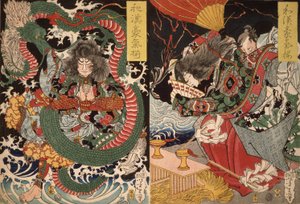Tawaraya Tda and a Dragon og Ono no Komachi Praying for Rain fra serien Valor in China and Japan, 1868 (træblok i farver) af Tsukioka Yoshitoshi