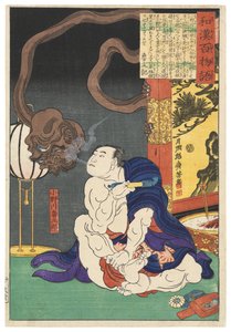 Bryderen Onogawa Kisaburō blæser røg mod et enøjet monster af Tsukioka Yoshitoshi