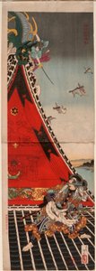 Zwei Helden kämpfen auf dem Hōryūkaku af Tsukioka Yoshitoshi