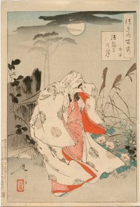 Yokobue venter på Takiguchi Tokiyori i måneskin ved Hōrinji af Tsukioka Yoshitoshi