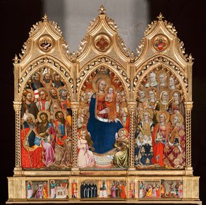 Predella med Saint Bartholomews liv, fra Jomfru og barn omgivet af engle og helgener (olie på panel