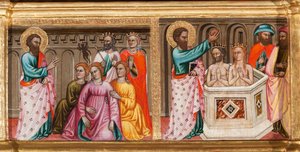 Predella med den hellige Bartholomews liv, laver eksorcismer og døber, detaljer fra Jomfru og barn omgivet af engle og helgener (olie på panel