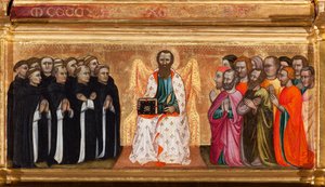 Predella med den hellige Bartholomews liv, fra Jomfru og barn omgivet af engle og helgener (olie på panel