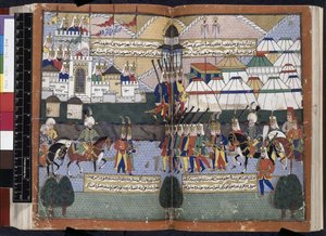Tilføje. 22011, ff.81v-82, Osmannisk hær af Lala Mustafa Pasha paraderende foran Tiflis mure fra 