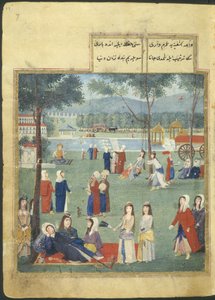 Eller. 7094 f.7, The Gardens of the Kagithane (The Sweet Waters of Europe), Kvinder i en park (akvarel på papir) af Turkish School