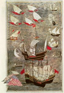 Den osmanniske flåde af Tarik-y Bayezid (blæk og bladguld på vellum) af Turkish School
