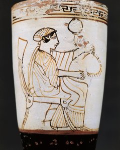 Lekythos, oliekolbe tilskrevet Tymbos-maleren, der forestiller en kvinde, der væver krone, 5. århundrede f.Kr. af Tymbos Painter (attr. to)