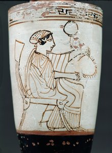 Attic white ground lekythos forestiller en kvinde flette en krans, ca. 475-420 f.Kr. (keramik) af Tymbos Painter