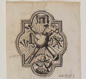 Emblem med et gennemboret hjerte og passionsredskaberne af Ubekendt