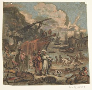 Figurscene ved kyst med skibe og militærpersoner af Ubekendt