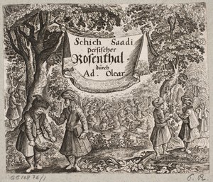 Frontispice til Adam Olearius, "Persisk Rosenthal af en genial digter Schich Saadi […]", Slesvig 1660 af Ubekendt
