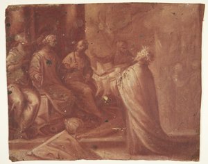 Jesus overrækker en mitre til en kvinde på en trone omgivet af to kvinder (allegori) af Ubekendt
