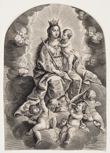 Jomfru Maria i skyen, med Jesusbarnet, scepter og krone