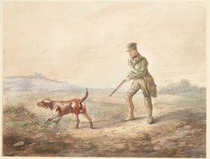 Landskab med en jæger og hans hund af Ubekendt