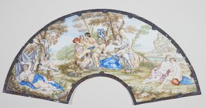 Vifteformet blad. I midten Pan med nymfer og bacchusbarnet (?) ved en perse, t.h. og v. hvilende kvindefigurer af Ubekendt
