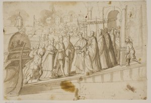 Kong Henrik III, Doge Alvise Mocenigo og kardinal San Sisto blev modtaget af den venetianske patriark Giovanni Trevisan ved Lido i Venedig af Ubekendt Ubekendt