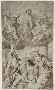 Jomfruen og barnet blandt engle i skyerne med Johannes Døberen og Hieronymus, efter Paolo Veroneses maleri tidligere i S. Francesco della Vigna, Venedig af Ubekendt Ubekendt