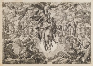 Maleri, skulptur og arkitektur, forbudt af tyrkerne, trukket tilbage til Olympen af Ubekendt efter Jan Muller; H. Goltzius; Ae. Sadeler og Lucas Kilian efter Bartholomeus Spranger