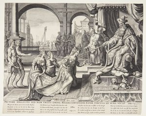Ester foran Ahasverus og inviterede ham til et gæstebud af Ubekendt efter Philips Galle efter forlæg af Maarten van Heemskerck