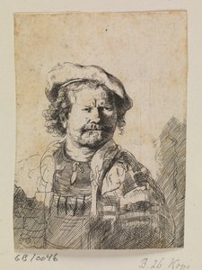 Rembrandt i flad kasket og broderet kjole af Ubekendt efter Rembrandt