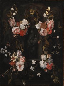 En stenkartouche med Jomfru Maria og Kristusbarnet i en niche omkranset af en blomsterkrans af Ubekendt flamsk 1600 tallet