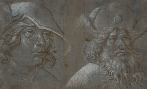 To mænds hoveder i trekvart profil til højre, begge iført markante hatte. af Ubekendt tysk nederlandsk ca. 1500