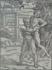 Hercules og Antaeus, ca. 1517-18. af Ugo da Carpi