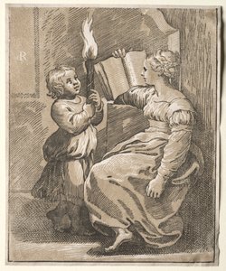 Sibyllelæsning med et barn der holder en fakkel, 1518-27. af Ugo da Carpi