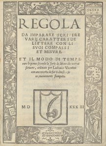 Regl for at lære at skrive forskellige tegn af bogstaver med sine kompas og mål: og måden at temperere fjerene ... af Ugo da Carpi, Ludovico Arrighi