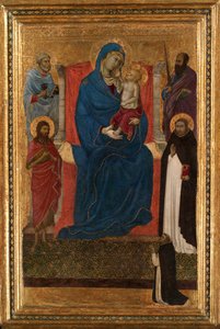 Jomfru og barn på tronen med de hellige Peter, Paulus, Johannes Døberen og Dominikus og en dominikaner... af Ugolino da Siena